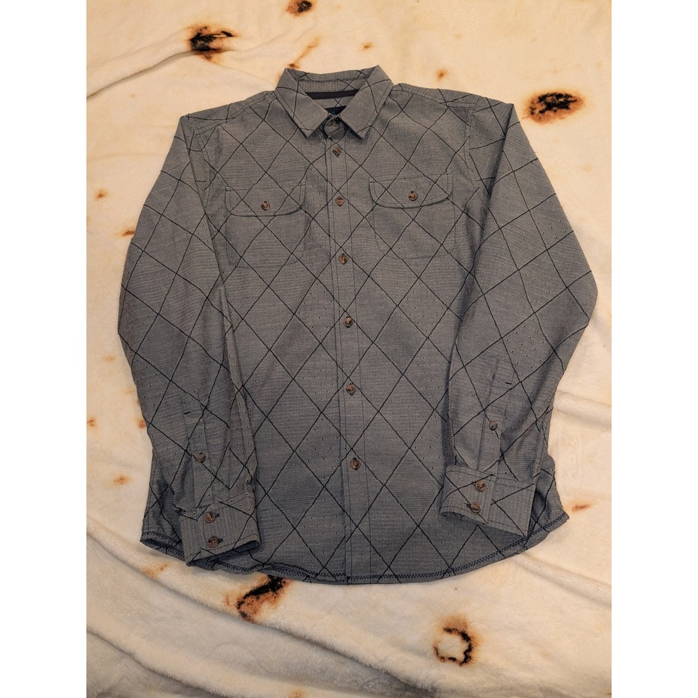 Prana Mens Gray Diamond Grid Organic Cotton Button Down Shirt Medium rennin
